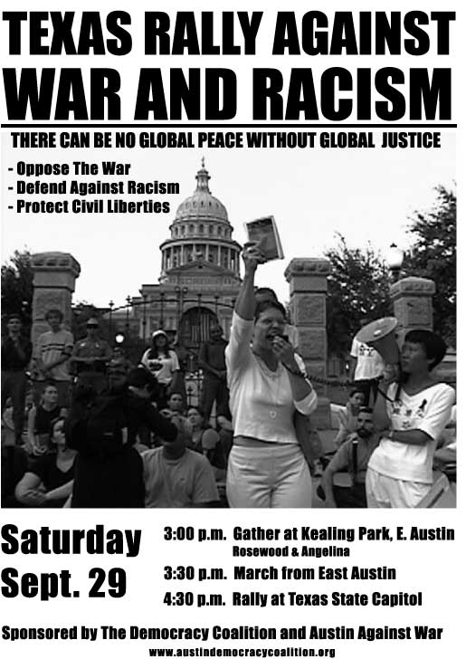 flyer from protest against war in Austin, September 29, 2001