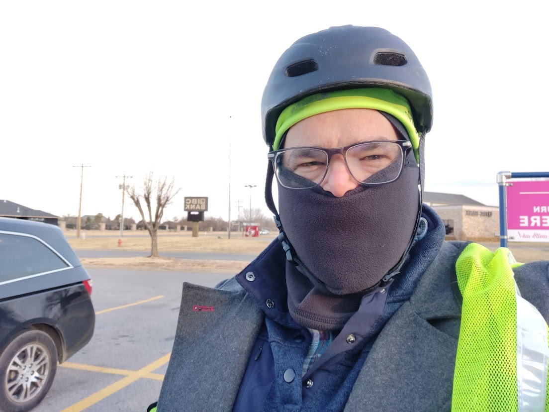 picture of JMB in winter gear while bicycling in OKC