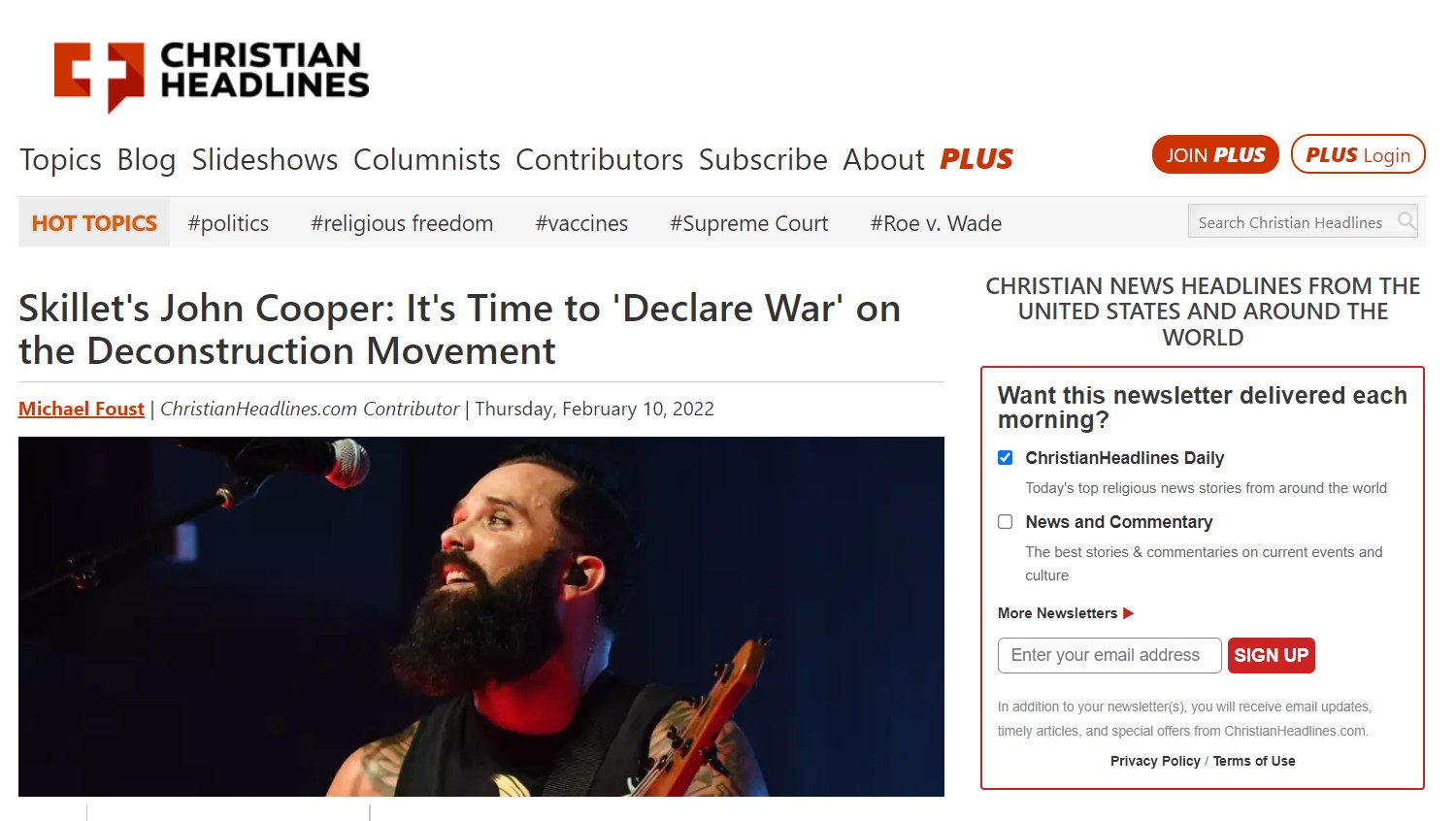 Screenshort of story from ChristianHeadlines.com - Skillet's John Cooper: It's Time to 'Declare War' on the Deconstruction Movement